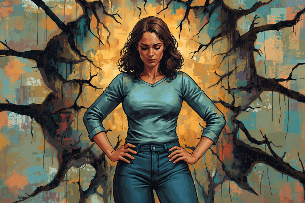 A woman reflecting thoughtfully, symbolizing emotional strength and vulnerability.