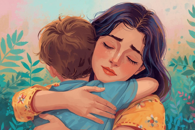 A thoughtful mother sitting beside her son, contemplating parenting challenges