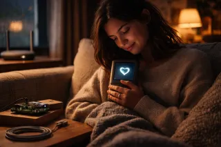 Couple experiencing emotional disconnect as one turns to AI for comfort instead of the other