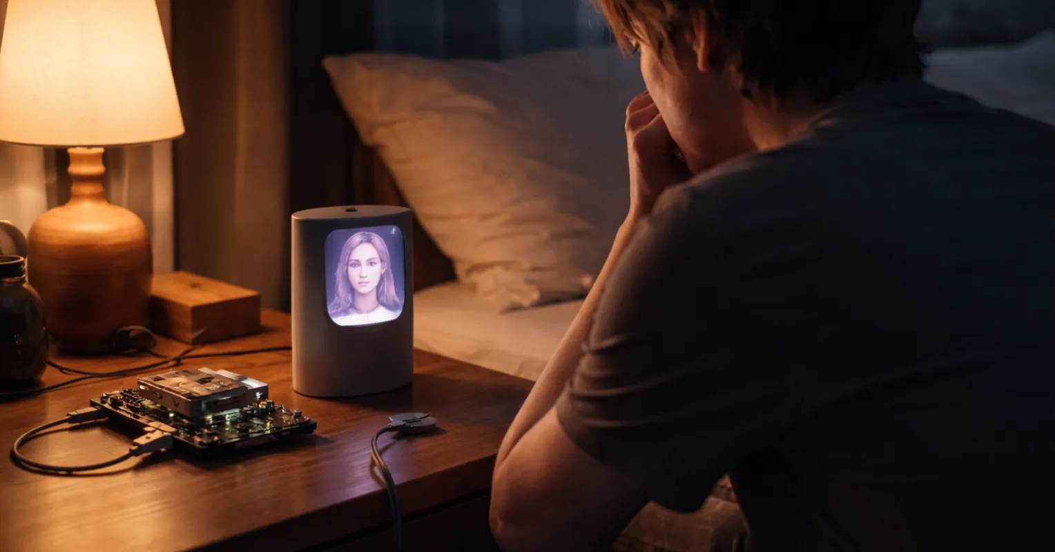 Couple discussing emotional reliance while one is distracted by an AI interface