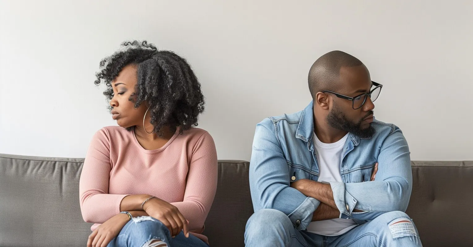 Couple sitting in silence, reflecting on why they avoid discussing their problems