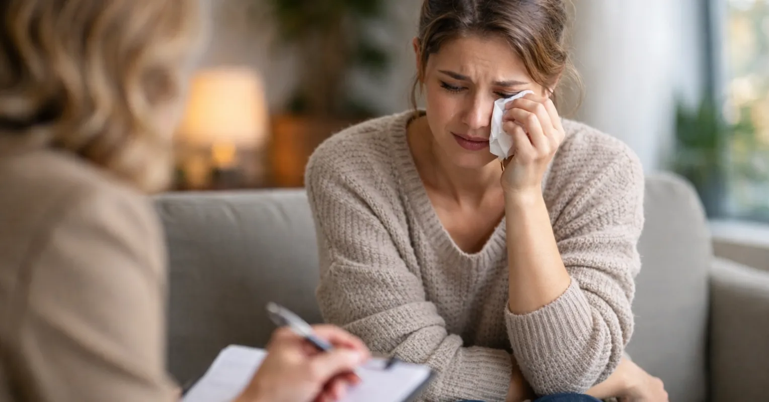 Individual reflecting on vulnerability and embarrassment after crying in a social setting