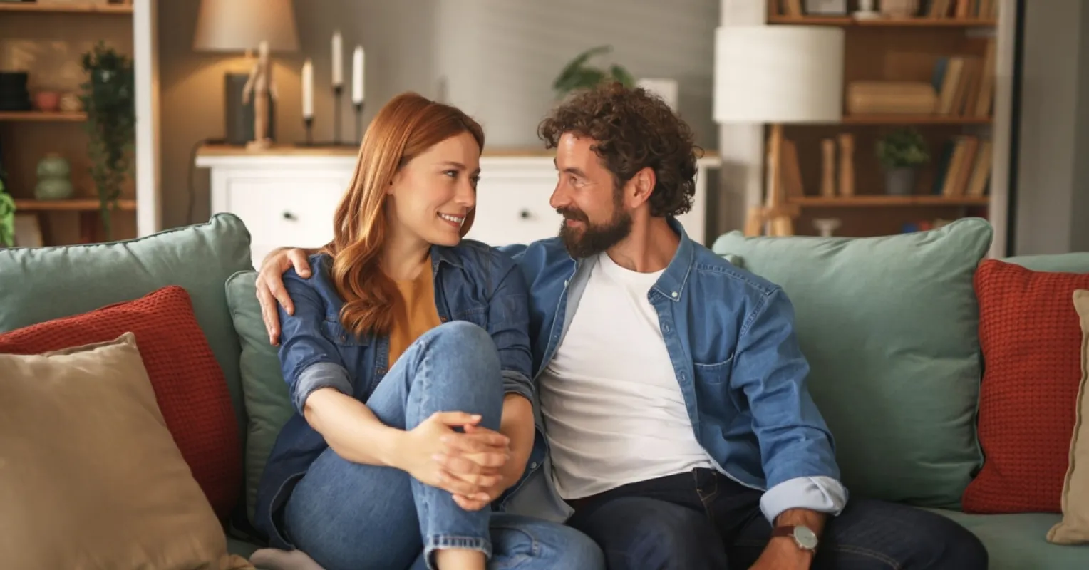 Couple sitting apart, struggling with emotional connection and sharing feelings in their relationship