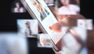 Individual assessing authentic connection in a digital dating context with AI influence