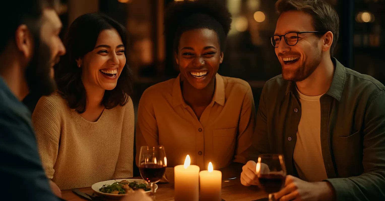 A group of friends sharing mixed emotions about one person's success during a gathering.