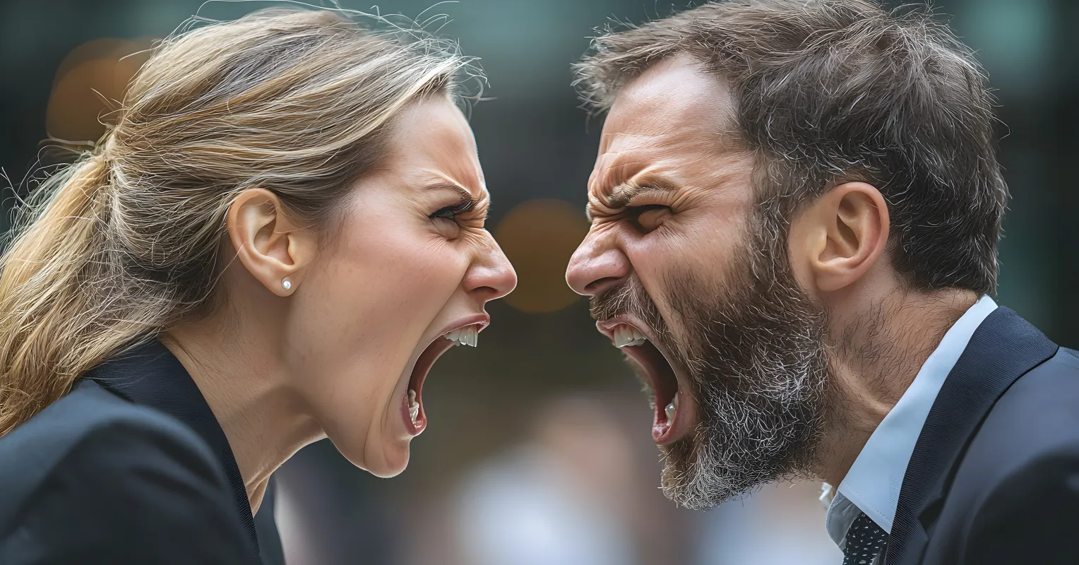 Colleagues exchanging tense expressions, indicating perceived threat in workplace dynamics