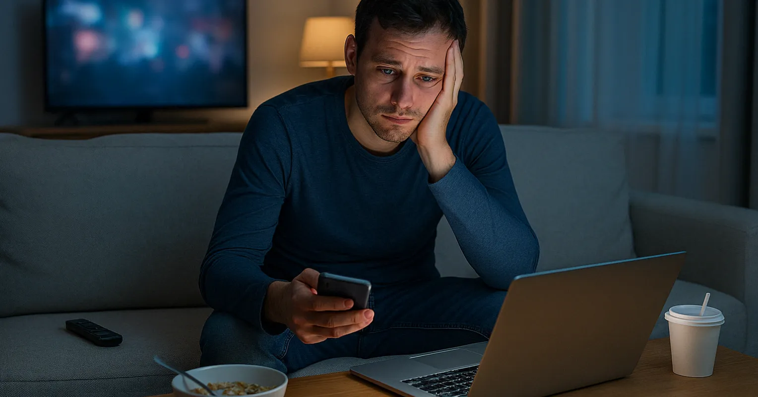 Person experiencing unease while surrounded by friends and comforts in life