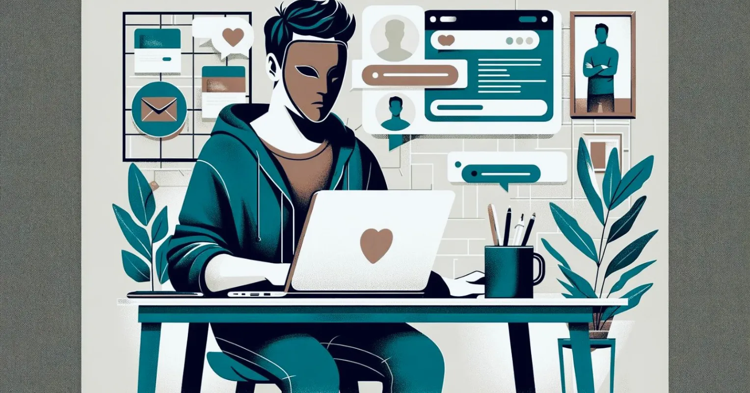 Individual crafting a fake online profile, highlighting motives in online dating dynamics